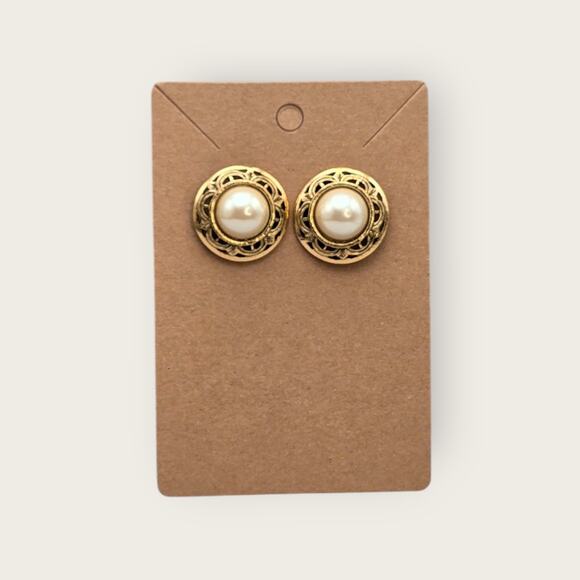 Pearl Button Gold Filigree Stud Earrings – Victorian Revival 1928 Style - Picture 7 of 7